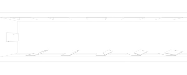 long corridor with doors, contour visualization, 3D illustration, sketch, outline