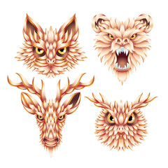 Tribal animals metal heads vector 3d illustrations set