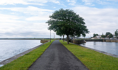 Fototapeta premium Footpath through park at Galway quay in the city, with trees, grass & sea on a sunny summer day.