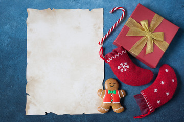 Christmas background with gifts and paper for writing, congratulations, list.