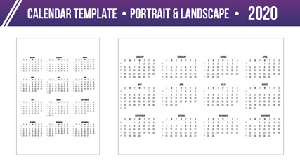 Calendar 2020 year Grid template in Portrait and Landscape simple style. Week starts from Sunday. Stock vector illustration isolated on white background.