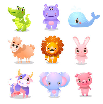 Set of cartoon funny cute animal children vector illustration