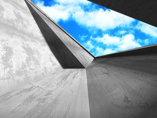 Concrete room wall construction on cloudy sky background