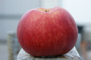 red apple in the yard. The background is blurred.