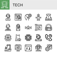 Set of tech icons such as AI, Support, Service, Robot, Augmented reality, Customer service, Support services, Ar, Artificial intelligence, Cpu, Technical Support, Robotic arm , tech