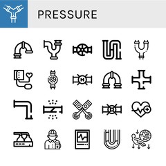 Set of pressure icons such as Pipes, Pipe, Valve, Piping, Blood pressure, Broken pipe, Pistons, Heartbeat, Beer factory, Gas station attendant, Ecg, Gravity , pressure