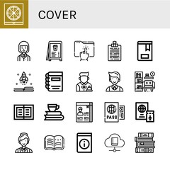 Set of cover icons such as Pizza box, Waiter, Menu, Directory, Curriculum, Book, Library, Books, Passport, Catering, Open book , cover