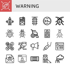 Set of warning icons such as Megaphone, Hydrant, Cigarette, Traffic light, Height limit, Cockroach, Bed bug, Beetle, Wheelchair, Speaker, Spyware, Pollution, Password , warning