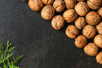 Walnuts, tasty and healthy (whole nuts) menu concept. food background. copy space. Top view 