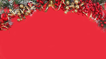 Christmas and New Year on a red background, for branches with cones and decorations in snow flakes,...