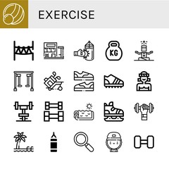 Set of exercise icons such as Medicine ball, Rope park, Swimming pool, Punching bag, Kettlebell, Yoga, Gym equipment, Golf, Shoes, Trainers, Muay thai, Gym, Weightlifting , exercise