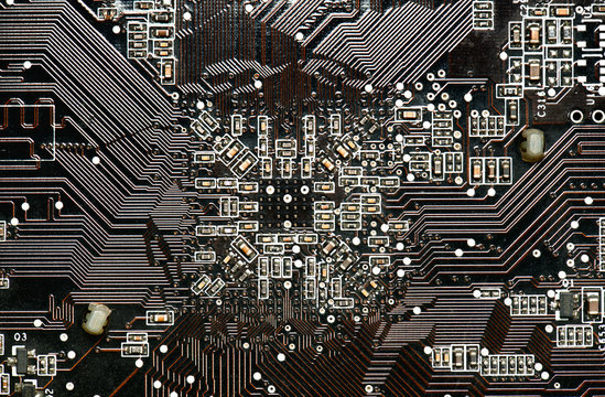 printed circuit board and microchip, or cpu closeup - electronic component for digital equipment, concept for development of electric computer circuits