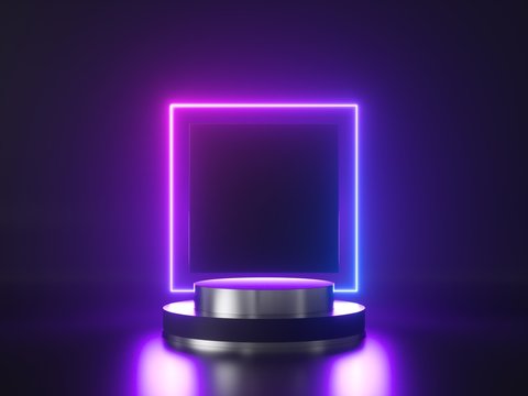 3d Silver Metal Pedestal With Square Neon Frame, Isolated On Black Background. Ultraviolet Light, Glowing Line. Blank Product Showcase, Commercial Mockup With Copy Space. Performance Stage.