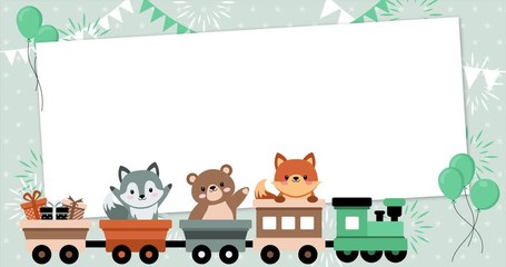 Cute baby animals on a rolling train with rectangular frame, wolf, bear and fox. Template, banner for baby shower, mailing, invitation, greeting cards…