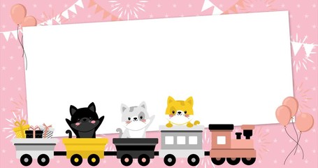Cute baby kittens on a rolling train with rectangular frame. Template, banner for baby shower, mailing, invitation, greeting cards…