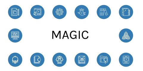 Set of magic icons such as File, Entertainment, Rune, Ghost, Files, Amulet, Crystal ball, Spellbook, Sound editing, Paganism , magic