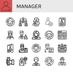 Set of manager icons such as People, Woman, Manage, User, Developer, Resume, Pilot, Manager, Worker, Portfolio, Skills, Coach, Man, Programmer, Headhunting, Secretary , manager