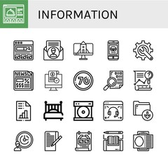 Set of information icons such as Website, Search engine, Contact us, Phone, Content, Newspaper, Release, Speed limit, Coding, Analysis, Analytics, Bed, Compact disc , information