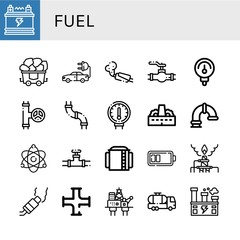 Set of fuel icons such as Battery, Coal, Electric car, Muffler, Valve, Gauge, Pipe, Factory, Atomic energy, Storage tank, Pollution, Oil rig, Tank truck , fuel