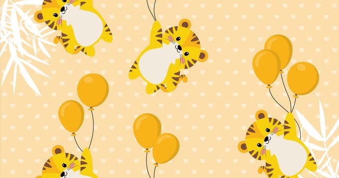 Cute baby tiger flying in the sky between colorful balloons, animation made in 4K cartoon vector design, with orange background