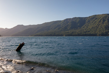 Obraz premium Lake Crescent, deep lake located entirely within Olympic National Park - view from Olympic National Park Highway. Sunny day, blue water, panoramic view. Clallam County, Washington, United States.