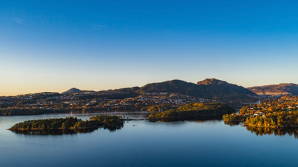 Aerial Bergen city view in autumn evening. Norway.