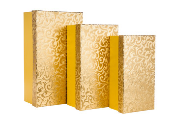golden gift boxes with ornament isolatedon white