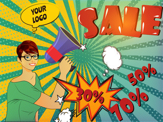 Sale discount promotional card template for marketing with megaphone and girl in pop art style on yellow grunge pattern. Retail shop discount flyer. Promote your products, services with this  banner