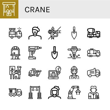 Set of crane icons such as Claw machine, Fire truck, Painter, Construction, Trowel, Mixer truck, Driller, Jackhammer, Tank truck, Dump Architecture, Builder, Garbage , crane
