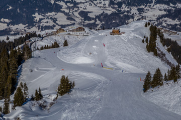Snowy Alpine ski slopes Flaine, Haute Savoie, France
