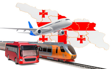 Passenger transportation in Georgia by buses, trains and airplanes, concept. 3D rendering