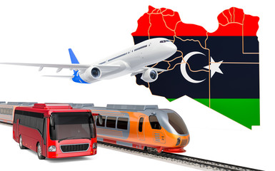 Passenger transportation in Libya by buses, trains and airplanes, concept. 3D rendering