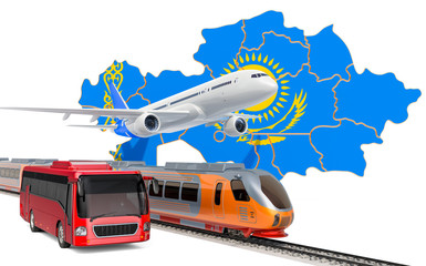 Passenger transportation in Kazakhstan by buses, trains and airplanes, concept. 3D rendering