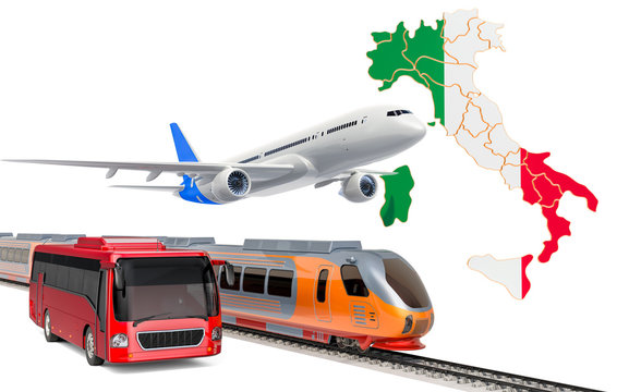 Passenger transportation in Italy by buses, trains and airplanes, concept. 3D rendering
