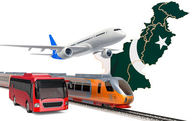 Passenger transportation in Pakistan by buses, trains and airplanes, concept. 3D rendering