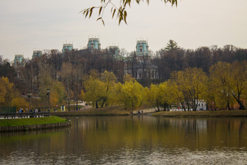 Fototapeta premium Autumn landscape in the Tsaritsyno Park on the pond among the yellowed trees in Moscow Russia