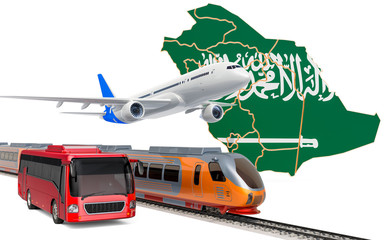 Passenger transportation in Saudi Arabia by buses, trains and airplanes, concept. 3D rendering