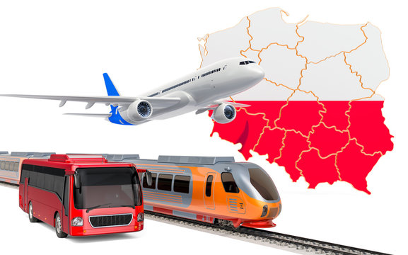 Passenger transportation in Poland by buses, trains and airplanes, concept. 3D rendering