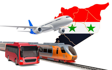 Passenger transportation in Syria by buses, trains and airplanes, concept. 3D rendering