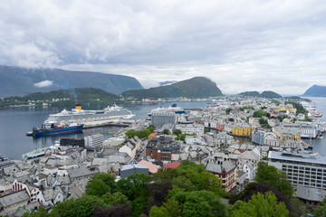 From the bird's eye view of Alesund port town on the west coast of Norway, at the entrance to the Geirangerfjord.