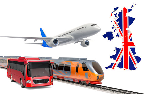 Passenger transportation in the United Kingdom by buses, trains and airplanes, concept. 3D rendering