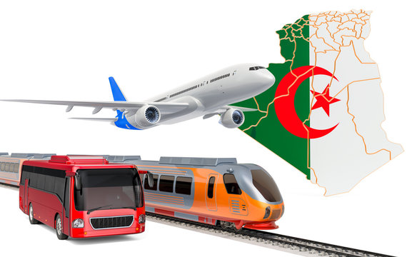 Passenger transportation in Algeria by buses, trains and airplanes, concept. 3D rendering