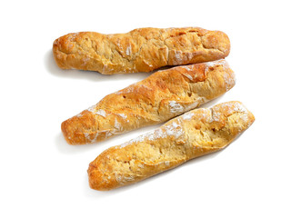 Three rustic baguettes with Golden crispy crust on a white background