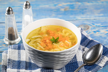 Broth - chicken soup in a bowl.