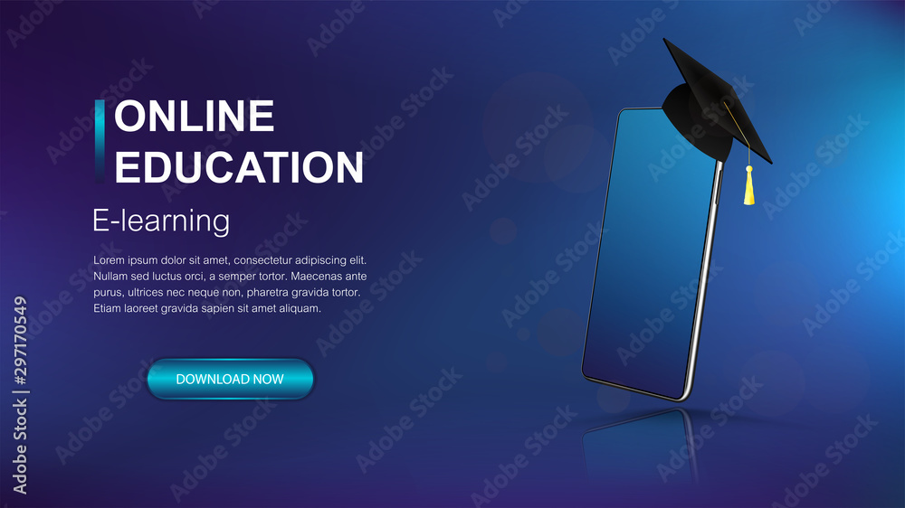 Leinwandbilder online education modern web banner template. mockup smartphone and square academic cap as a symbol o
