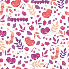 Butterflies and leaves seamless pattern in bright colors for kids design. Cartoon cute smiling animals repeat background for wallpaper and textile. Autumn decor. Vector illustration, cartoon flat styl