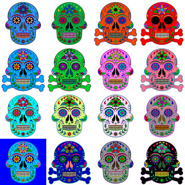 16 pictures set of skulls for Day of The Dead, with floral ornament, various colors on white background, isolated