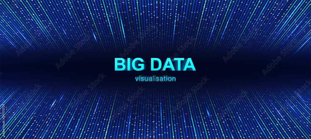 Aufkleber Colorful Big Data visualization background with 3d text. Futuristic data flow background, with lines and glow. Big data connection complex. Data array visual concept. Technology Vector illustration