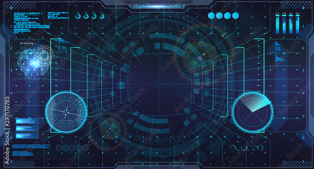 Aufkleber Virtual reality in HUD style. Sky-fi helmet with Futuristic User Interface. VR view. Head up display, cockpit command center. HUD VR concept. GUI design for video games. Vector illustration