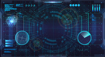 Virtual reality in HUD style. Sky-fi helmet with Futuristic User Interface. VR view. Head up display, cockpit command center. HUD VR concept. GUI design for video games. Vector illustration